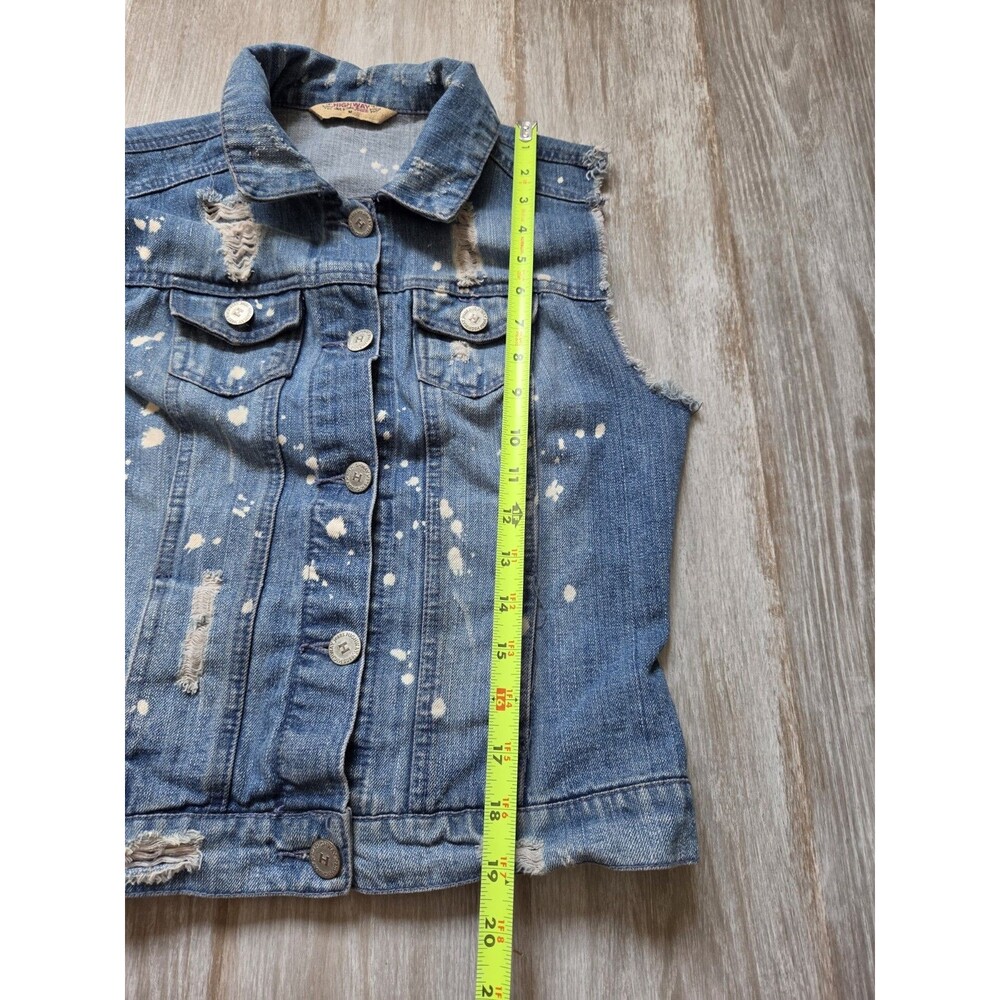Highway Jeans Distressed Denim Vest Paint Splatter Raw Hem Button Up Sz M EUC - Picture 7 of 9